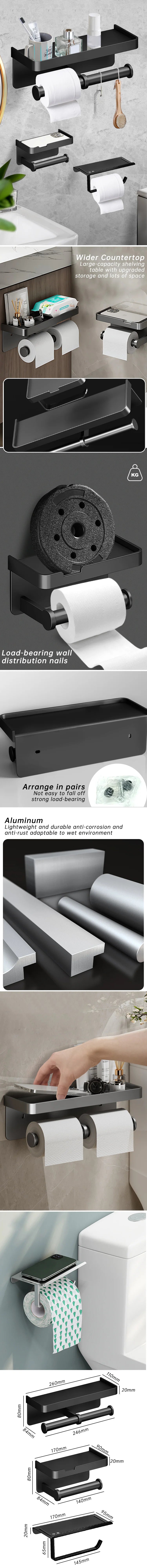 Aluminum Toilet Paper Holder Wall Mount with Shelf & Phone Stand