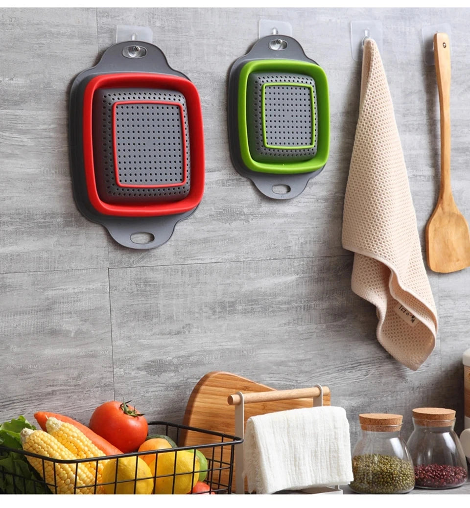 2PCS Silicone Folding Drain Basket – Square & Round Kitchen Strainer