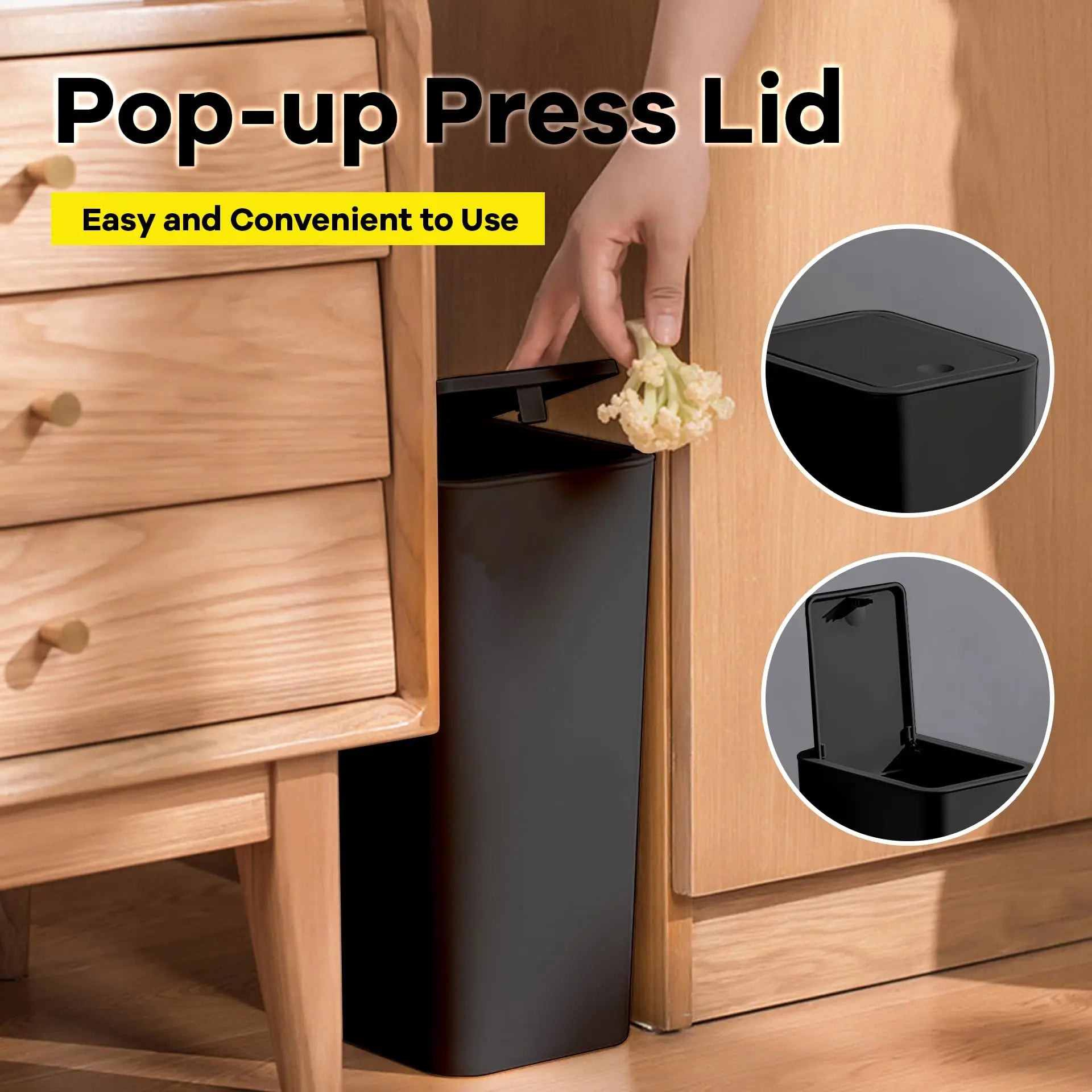 Bathroom Trash Can 10L – Small Plastic Garbage Bin with Press Lid for Toilet, Bedroom & Living Room