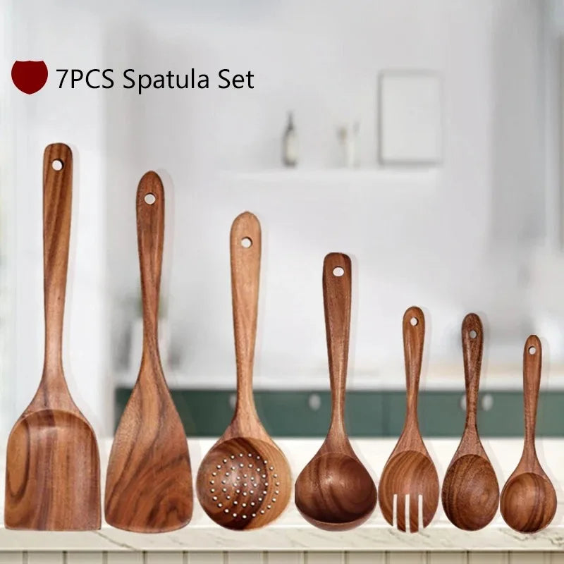 Natural Teak Wooden Kitchen Spoon & Spatula Set – Complete Cooking Tools