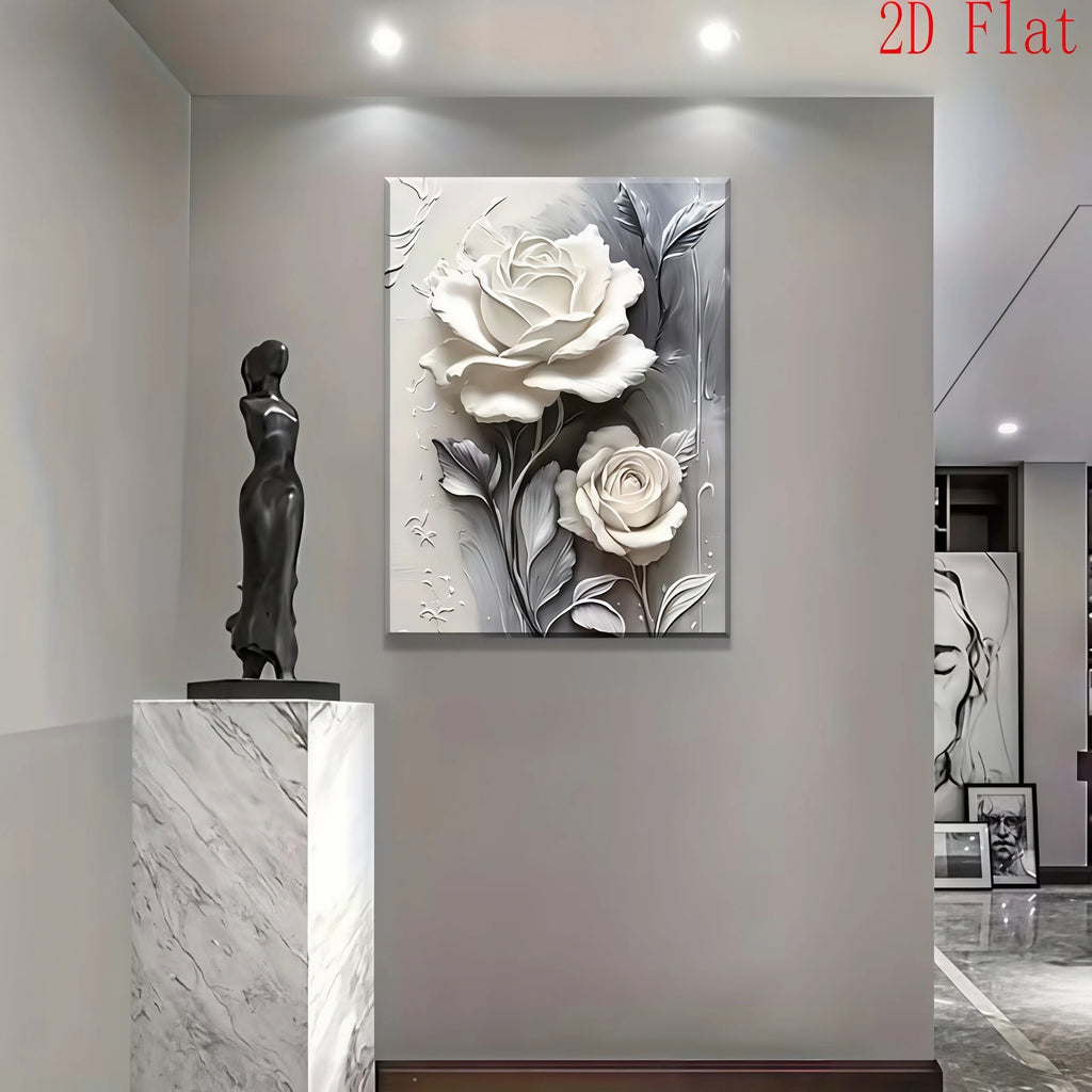 Elegant White Rose Canvas Art Vertical Floral Wall Decor