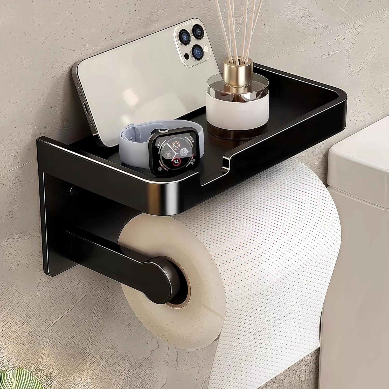 Wall-Mounted Toilet Paper Holder with Mobile Phone Shelf Bathroom & Kitchen Roll Rack
