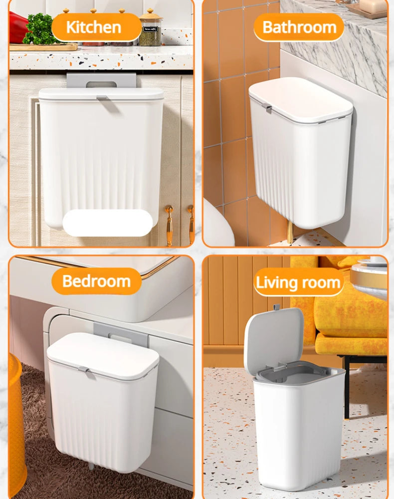 9L Wall-Mounted Trash Can with Lid, Kitchen & Bathroom Hanging Storage Bin, Smart Cabinet Garbage Holder