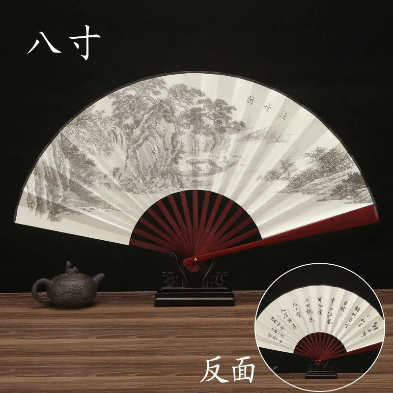 Silk & Bamboo Folding Fan Retro Decorative Handheld Fan 27x48cm