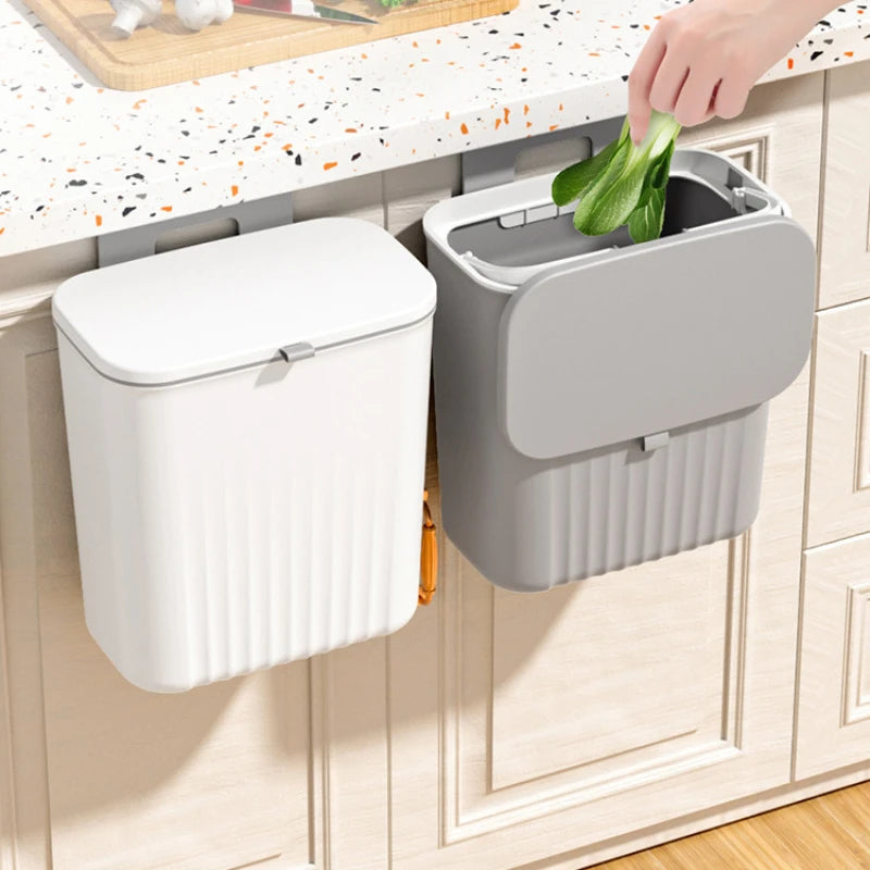 9L Wall-Mounted Trash Can with Lid, Kitchen & Bathroom Hanging Storage Bin, Smart Cabinet Garbage Holder