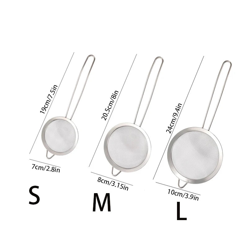 3-Piece Stainless Steel Fine Mesh Strainer Set with Handle & Hook – Colander Sifter for Juice, Soy Milk & Kitchen Use