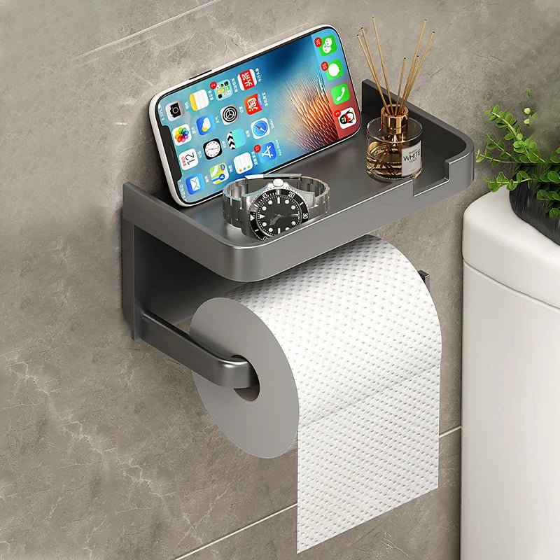 Wall-Mounted No-Drill Toilet Paper Holder with Shelf & Phone Stand, Plastic Bathroom Tissue Dispenser
