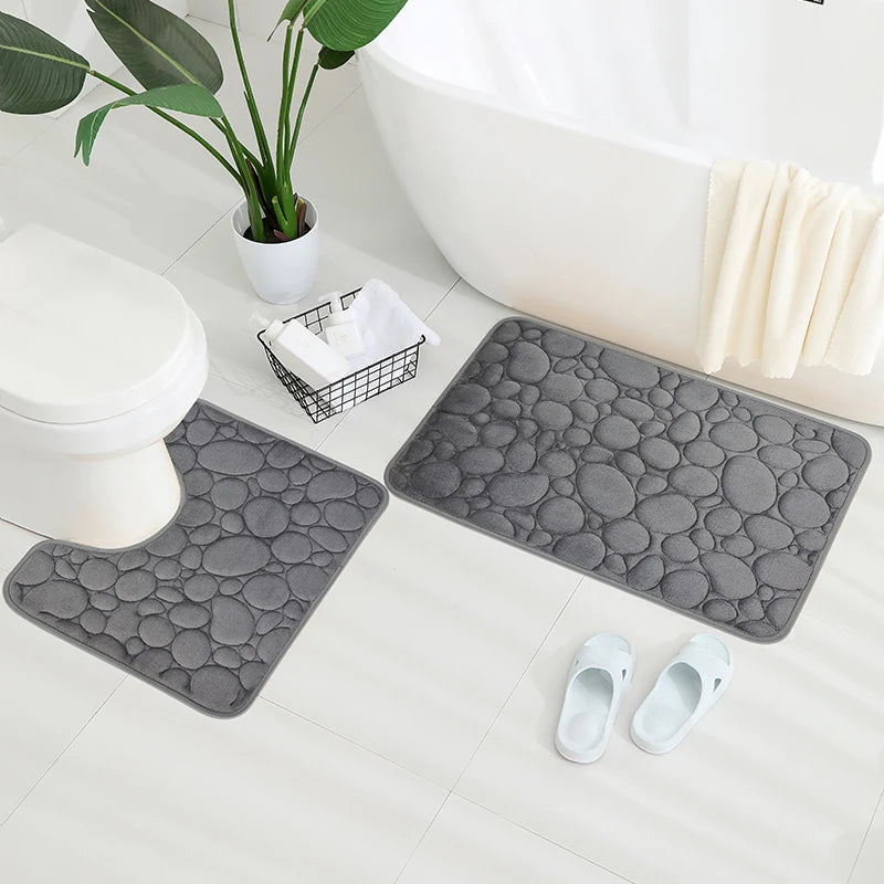 Embroidered Pebble Coral Velvet Bathroom Mat Set U-Shaped Absorbent Foot Rug Two-Piece