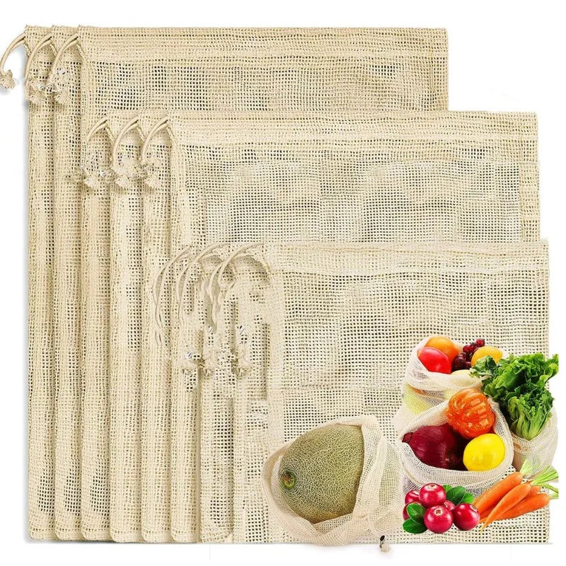 Reusable Cotton Mesh Vegetable Bags – 3 Sizes, Eco-Friendly Produce Storage