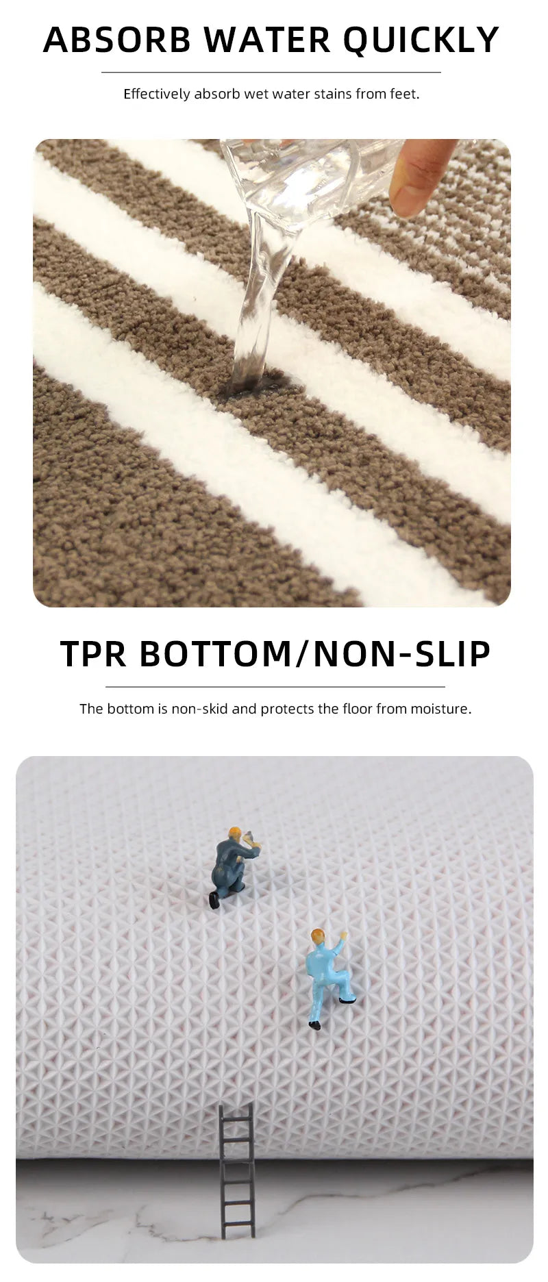 Striped microfiber bathroom carpet set 2-piece,waterproof,non-slip and quick drying,machine washable,TPR backing, medium velvet