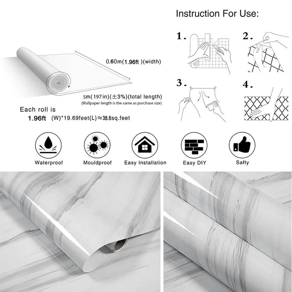 Peel-and-Stick Marble PVC Wallpaper for Kitchen, Counters, and Tables