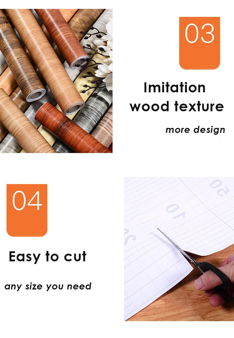 PVC Vinyl Wood Grain Wallpaper Self-Adhesive Waterproof 60cm Roll