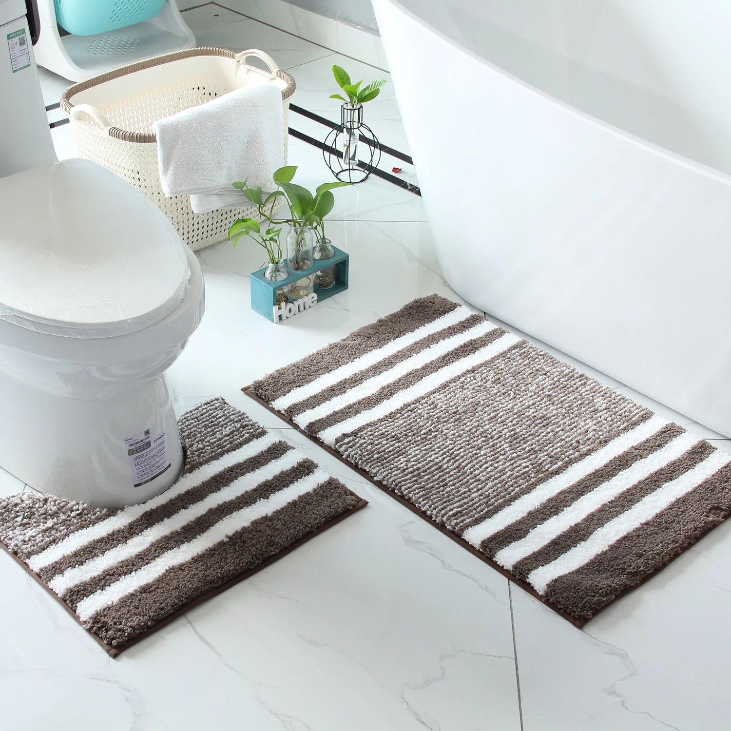 Striped microfiber bathroom carpet set 2-piece,waterproof,non-slip and quick drying,machine washable,TPR backing, medium velvet