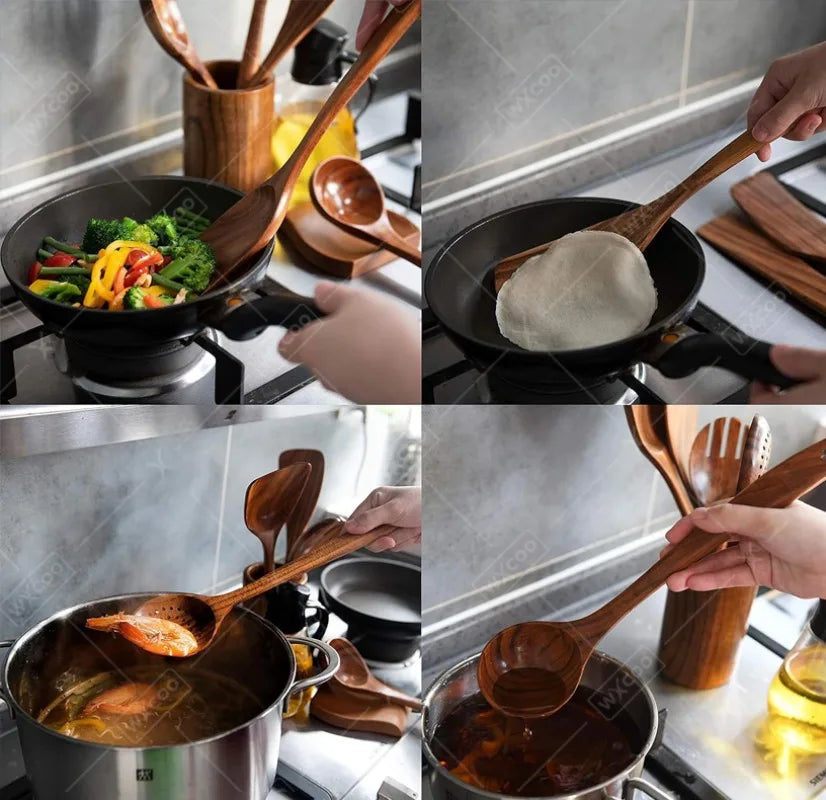 Natural Teak Wooden Kitchen Spoon & Spatula Set – Complete Cooking Tools