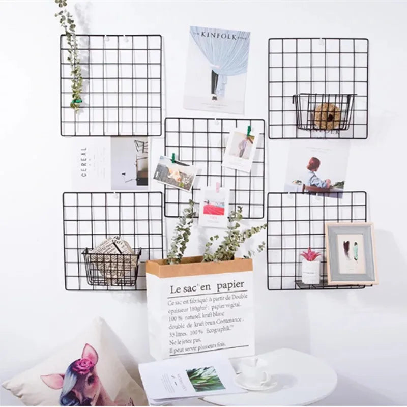Metal Wall-Mounted Grid Shelf Organizer DIY Photo & Storage Rack