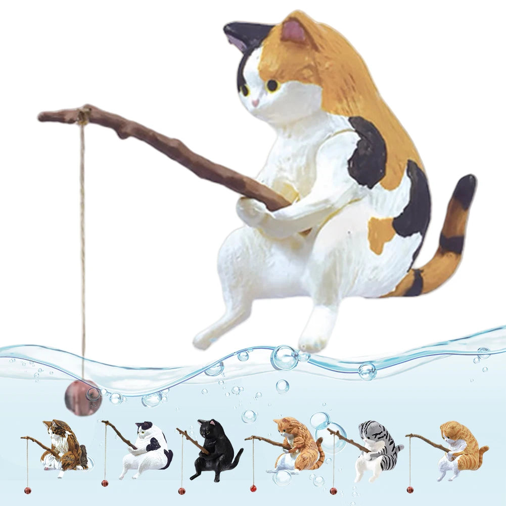 Cute Fishing Cat Figurine PVC Mini Animal Statue Modern Home Decor