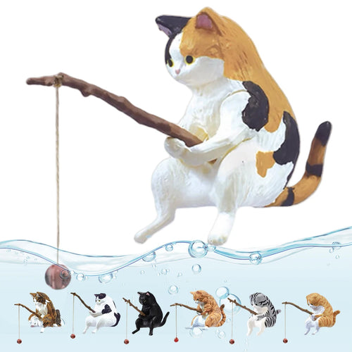 Cute Fishing Cat Figurine PVC Mini Animal Statue Modern Home Decor