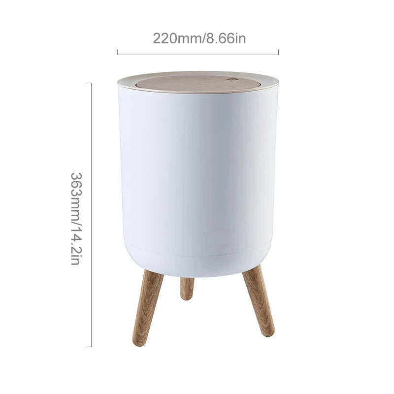Wooden High Foot Trash Can Bathroom & Kitchen Waste Bin with Press Cover Living Room Garbage Container