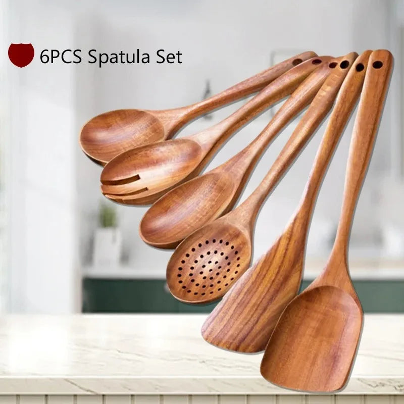 Natural Teak Wooden Kitchen Spoon & Spatula Set – Complete Cooking Tools