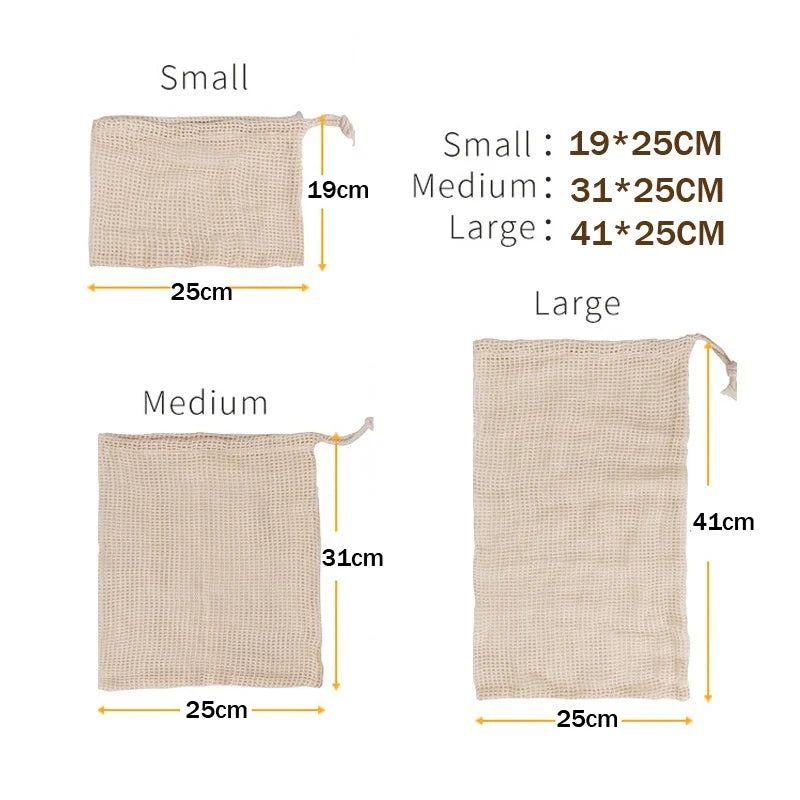 Reusable Cotton Mesh Vegetable Bags – 3 Sizes, Eco-Friendly Produce Storage