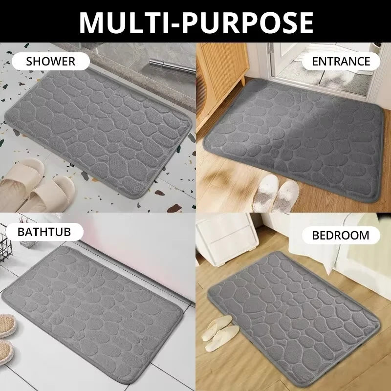 Memory Foam Embossed Velvet Bathroom & Living Room Mat – Non-Slip Cobblestone Floor Carpet