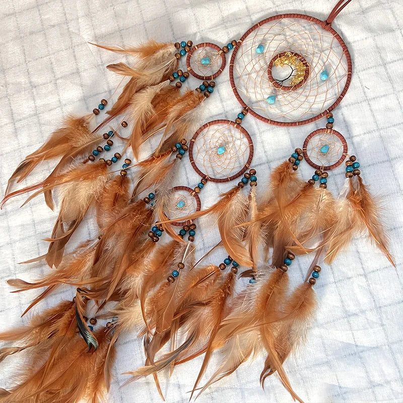 Auspicious Five Rings Dream Catcher Feather Wall Hanging Decor