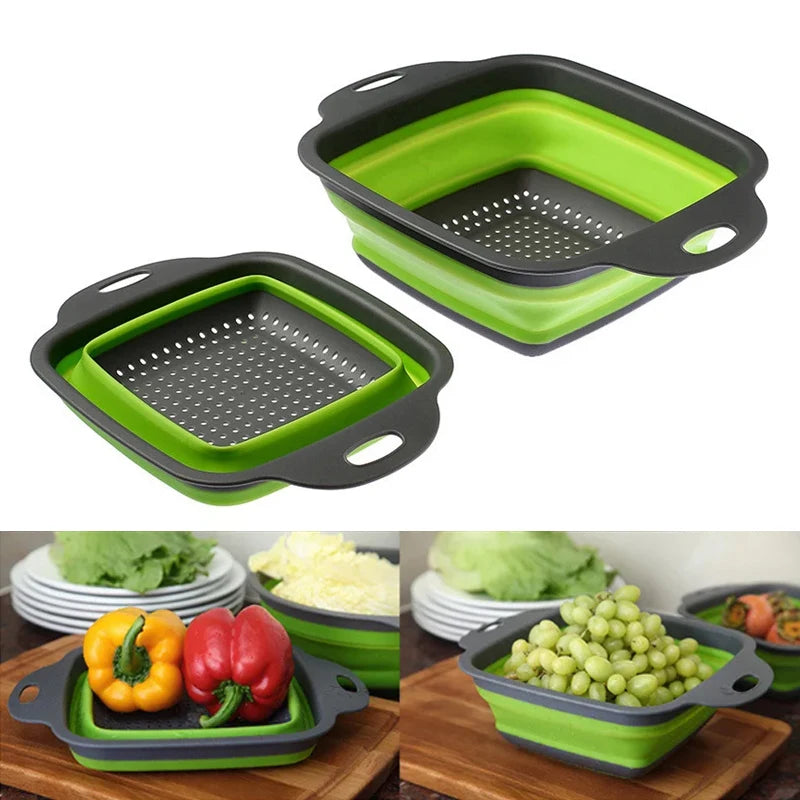 2PCS Silicone Folding Drain Basket – Square & Round Kitchen Strainer