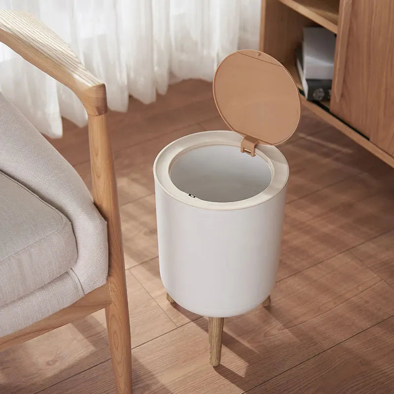 Wooden High Foot Trash Can Bathroom & Kitchen Waste Bin with Press Cover Living Room Garbage Container
