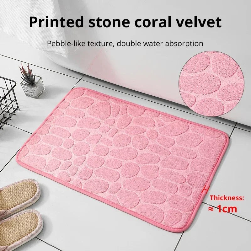 Memory Foam Embossed Velvet Bathroom & Living Room Mat – Non-Slip Cobblestone Floor Carpet