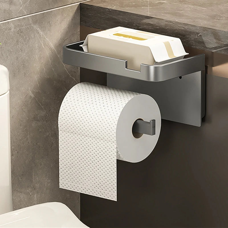 Wall-Mounted No-Drill Toilet Paper Holder with Shelf & Phone Stand, Plastic Bathroom Tissue Dispenser