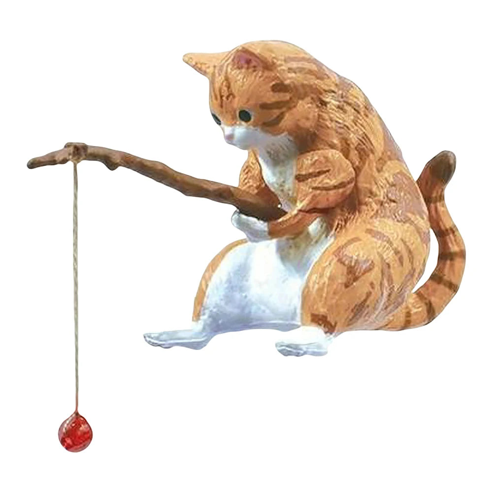 Cute Fishing Cat Figurine PVC Mini Animal Statue Modern Home Decor