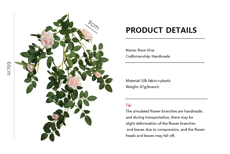 66cm Artificial Silk Rose Vine Indoor Wedding & Party Decor