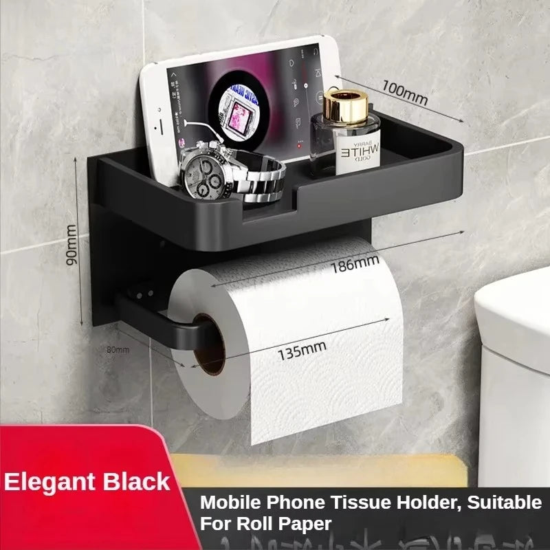 Black Gold Wall-Mounted Toilet Paper Holder with Phone & Towel Shelf Bathroom Rack