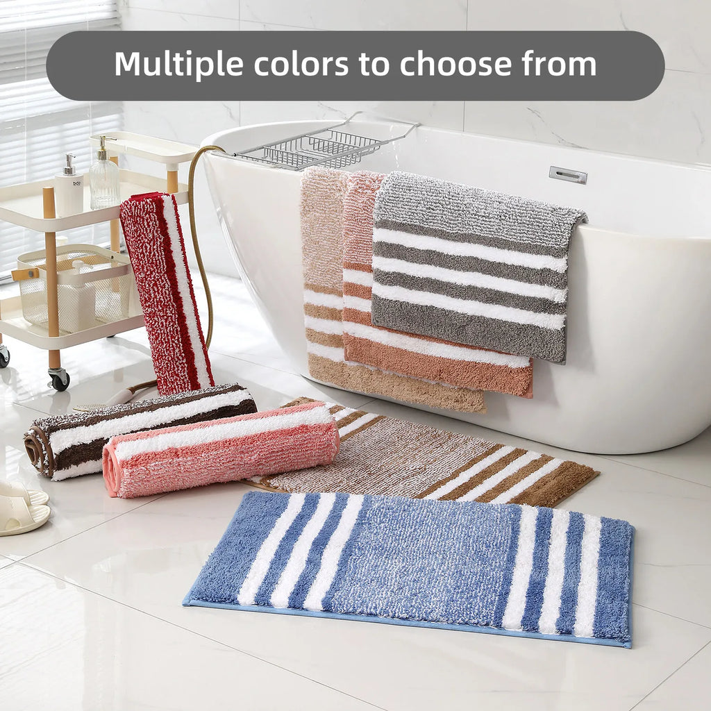 Striped microfiber bathroom carpet set 2-piece,waterproof,non-slip and quick drying,machine washable,TPR backing, medium velvet