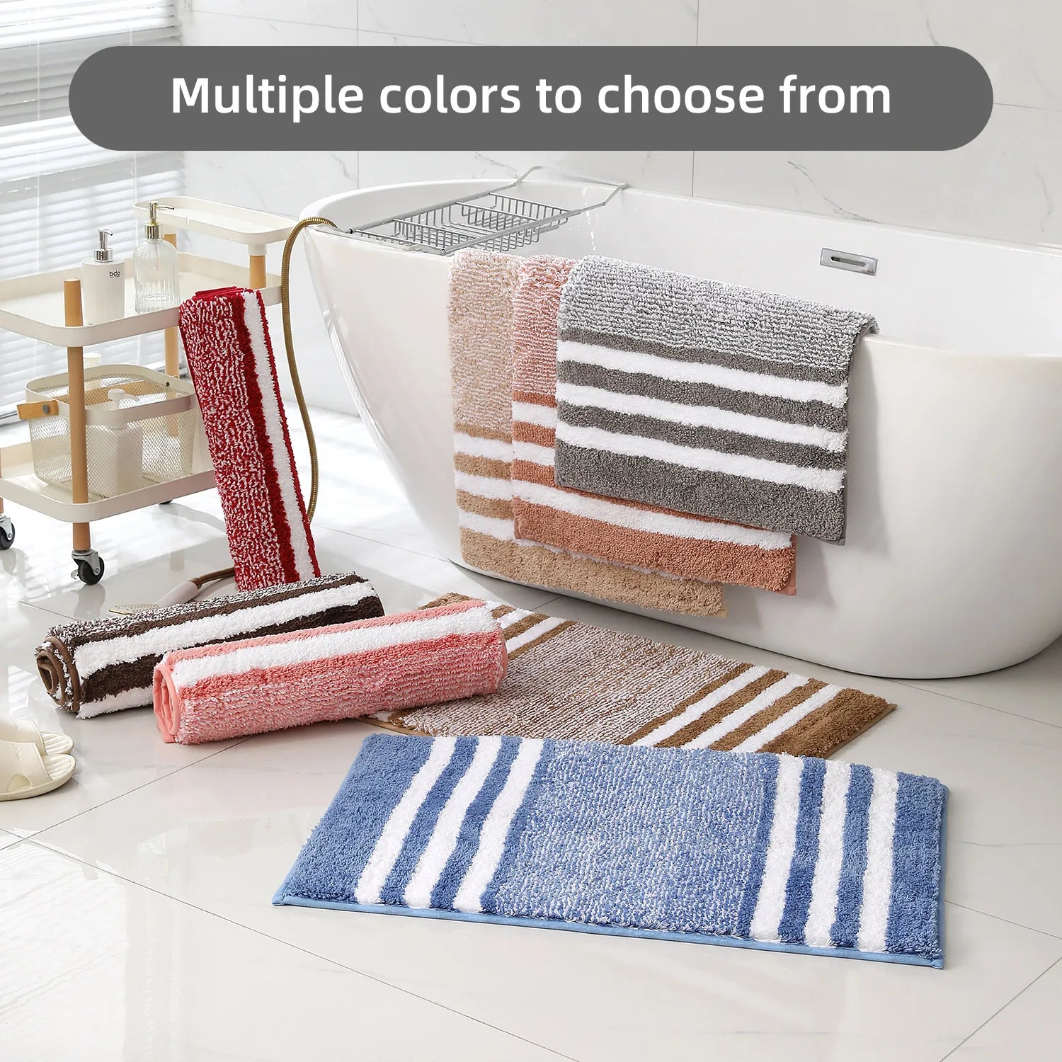 Striped microfiber bathroom carpet set 2-piece,waterproof,non-slip and quick drying,machine washable,TPR backing, medium velvet