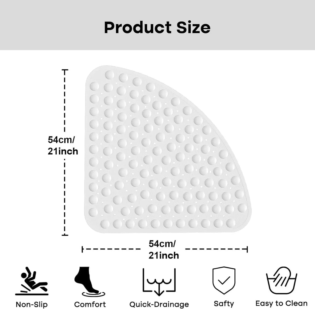 Non-Slip Corner Shower Mat 54x54cm – Rubber Suction Cup Bath Mat with Drain Holes & Massage Foot Surface