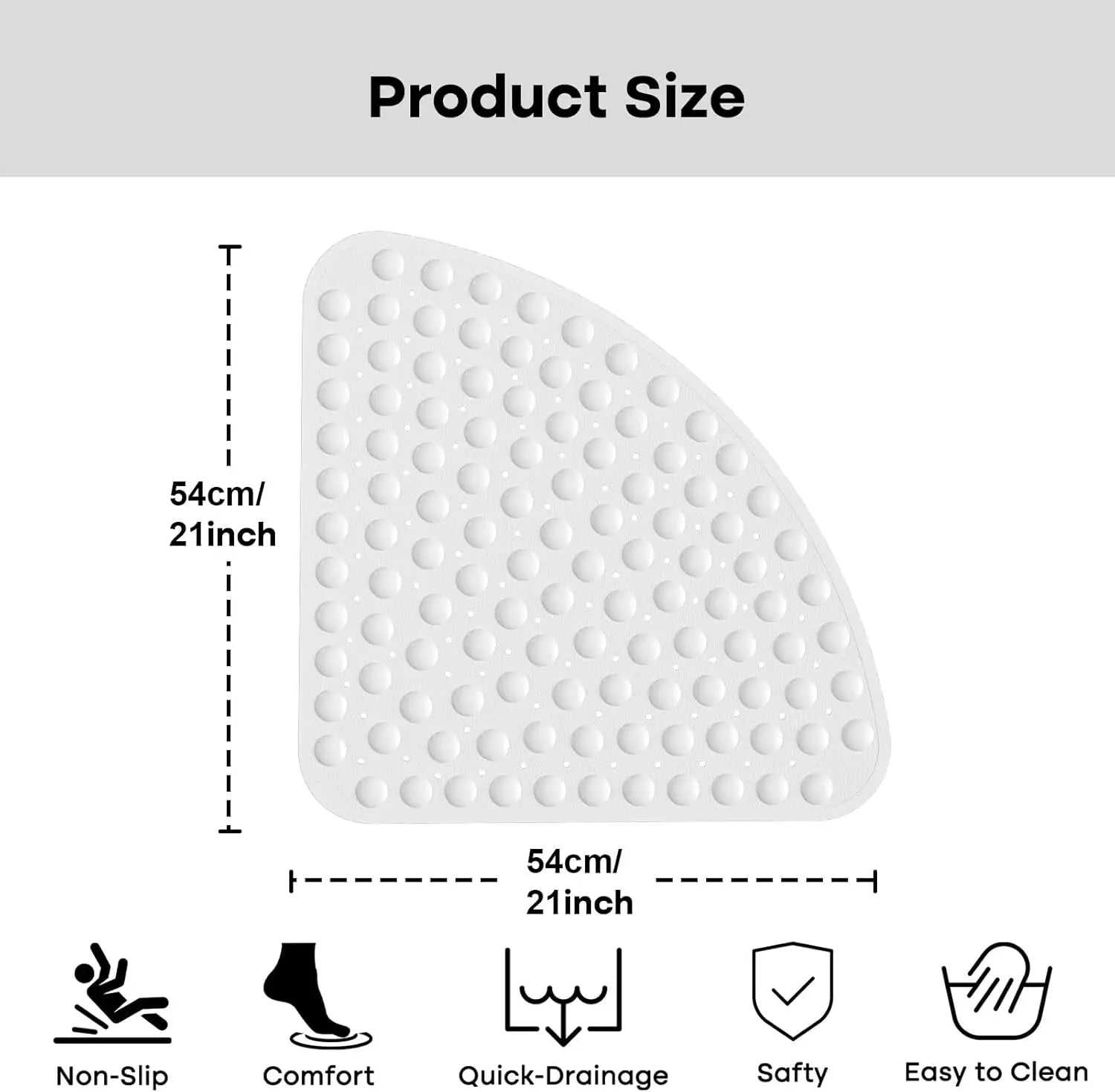 Non-Slip Corner Shower Mat 54x54cm – Rubber Suction Cup Bath Mat with Drain Holes & Massage Foot Surface