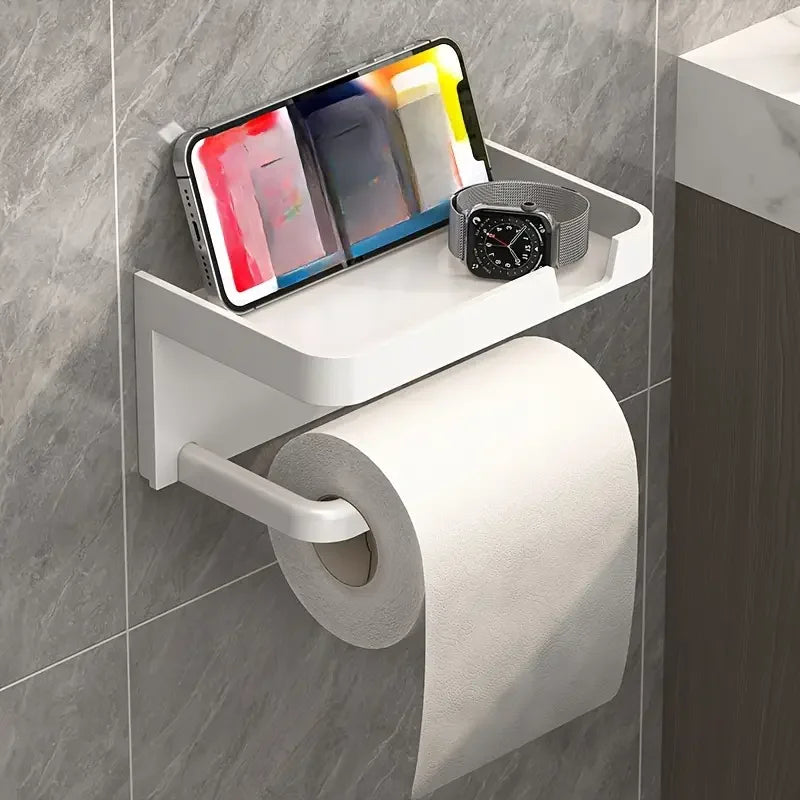 Wall-Mounted No-Drill Toilet Paper Holder with Shelf & Phone Stand, Plastic Bathroom Tissue Dispenser