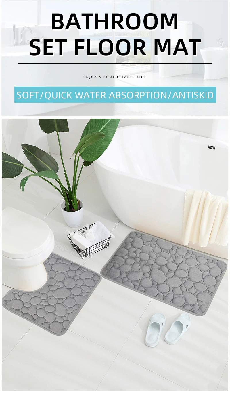 Embroidered Pebble Coral Velvet Bathroom Mat Set U-Shaped Absorbent Foot Rug Two-Piece