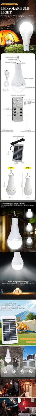 Solar USB Rechargeable LED Camping Light Dimmable Emergency