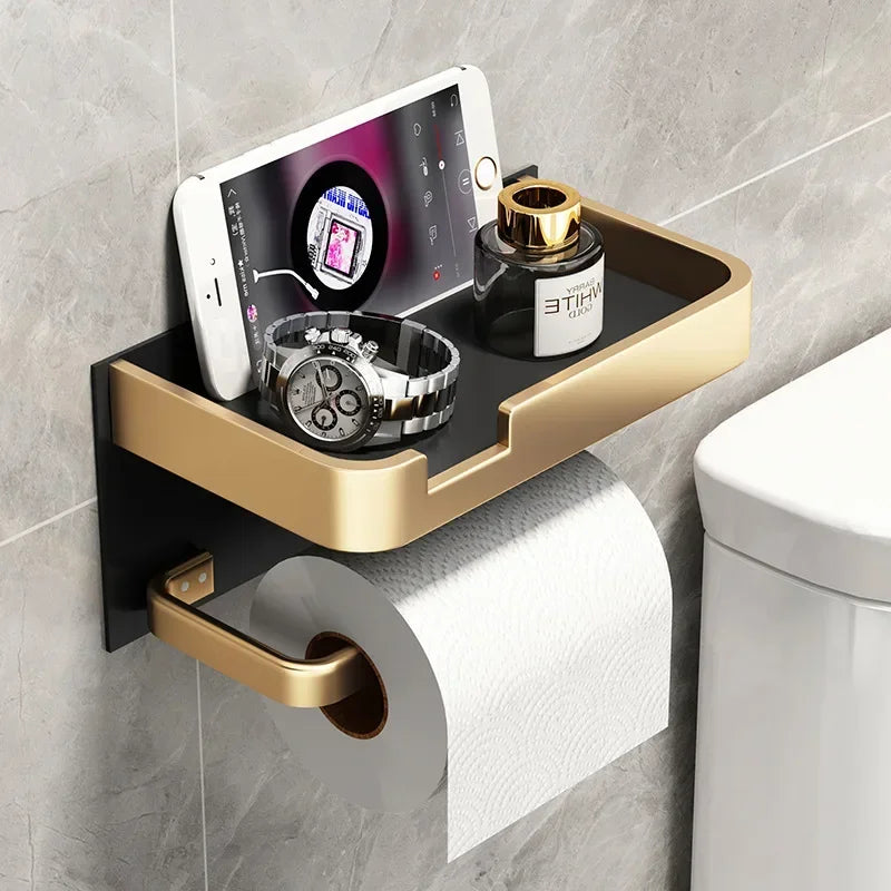 Black Gold Wall-Mounted Toilet Paper Holder with Phone & Towel Shelf Bathroom Rack