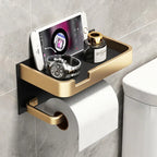 Black Gold Wall-Mounted Toilet Paper Holder with Phone & Towel Shelf Bathroom Rack