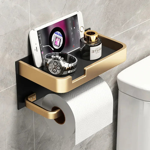 Black Gold Wall-Mounted Toilet Paper Holder with Phone & Towel Shelf Bathroom Rack