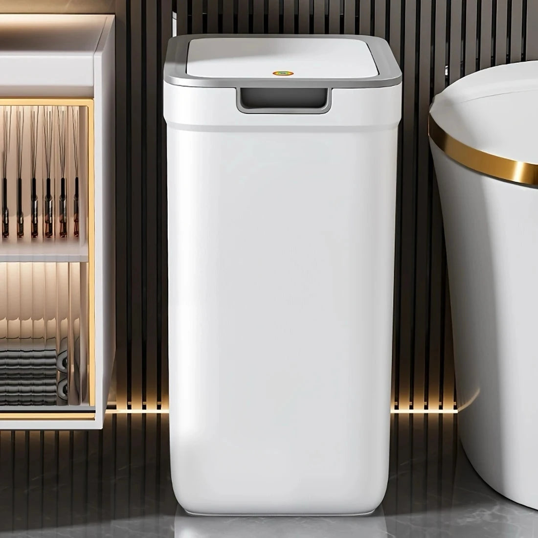 Touchless Bathroom Trash Can – Wall-Mounted, Odor-Sealing, Durable Plastic, Rectangular