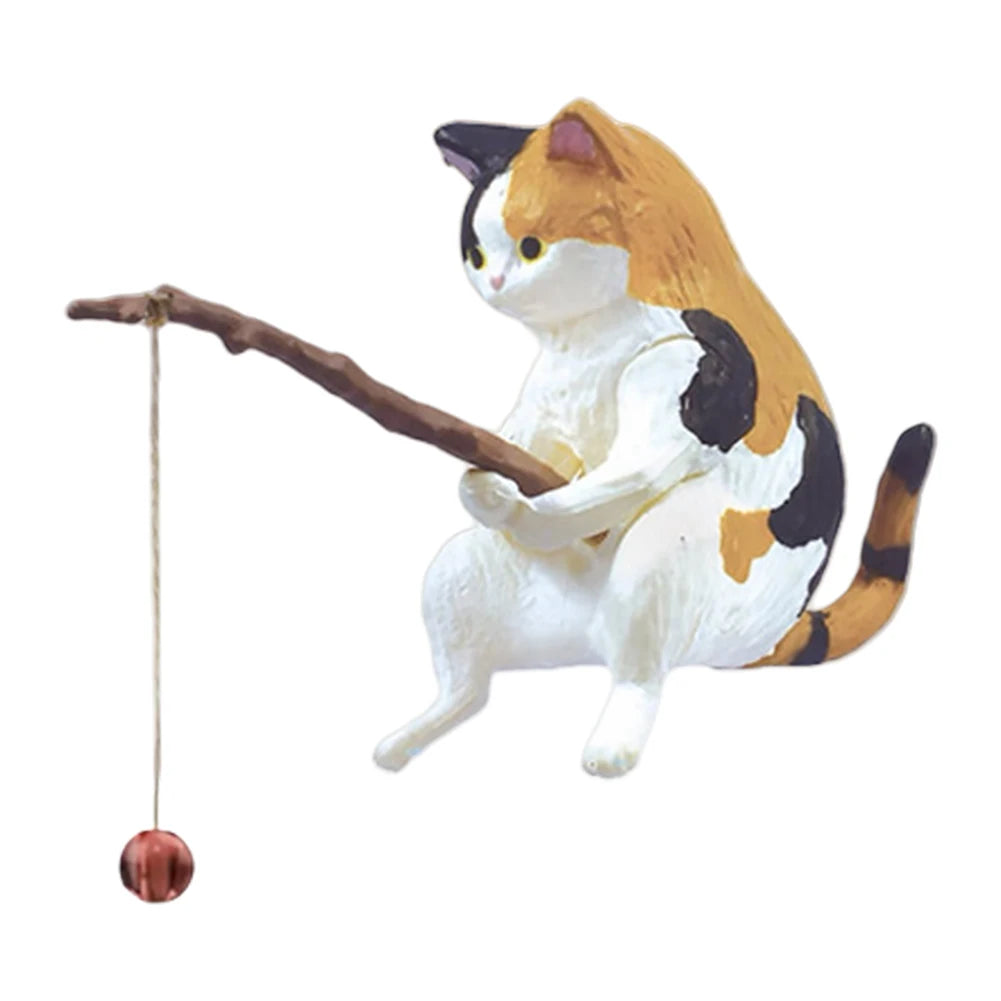 Cute Fishing Cat Figurine PVC Mini Animal Statue Modern Home Decor