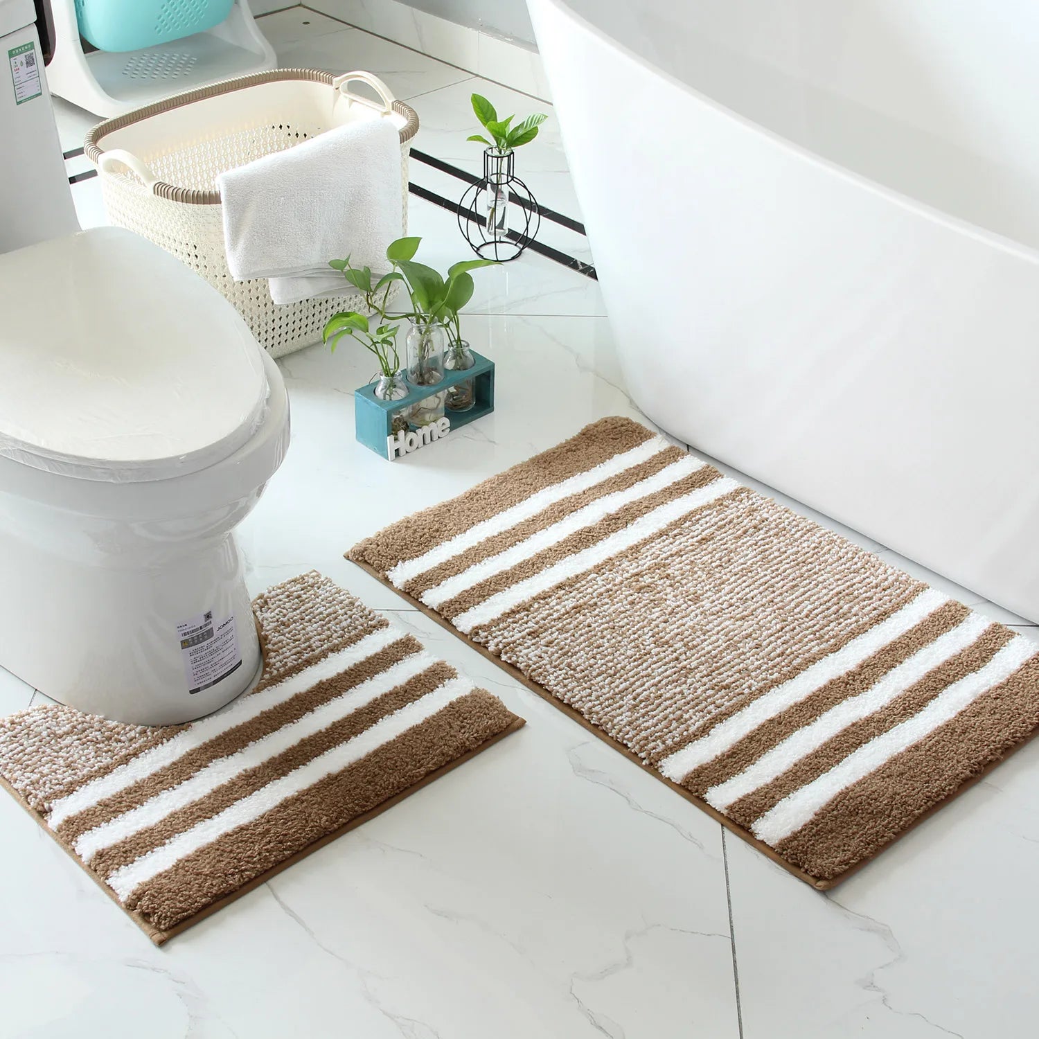 Striped microfiber bathroom carpet set 2-piece,waterproof,non-slip and quick drying,machine washable,TPR backing, medium velvet