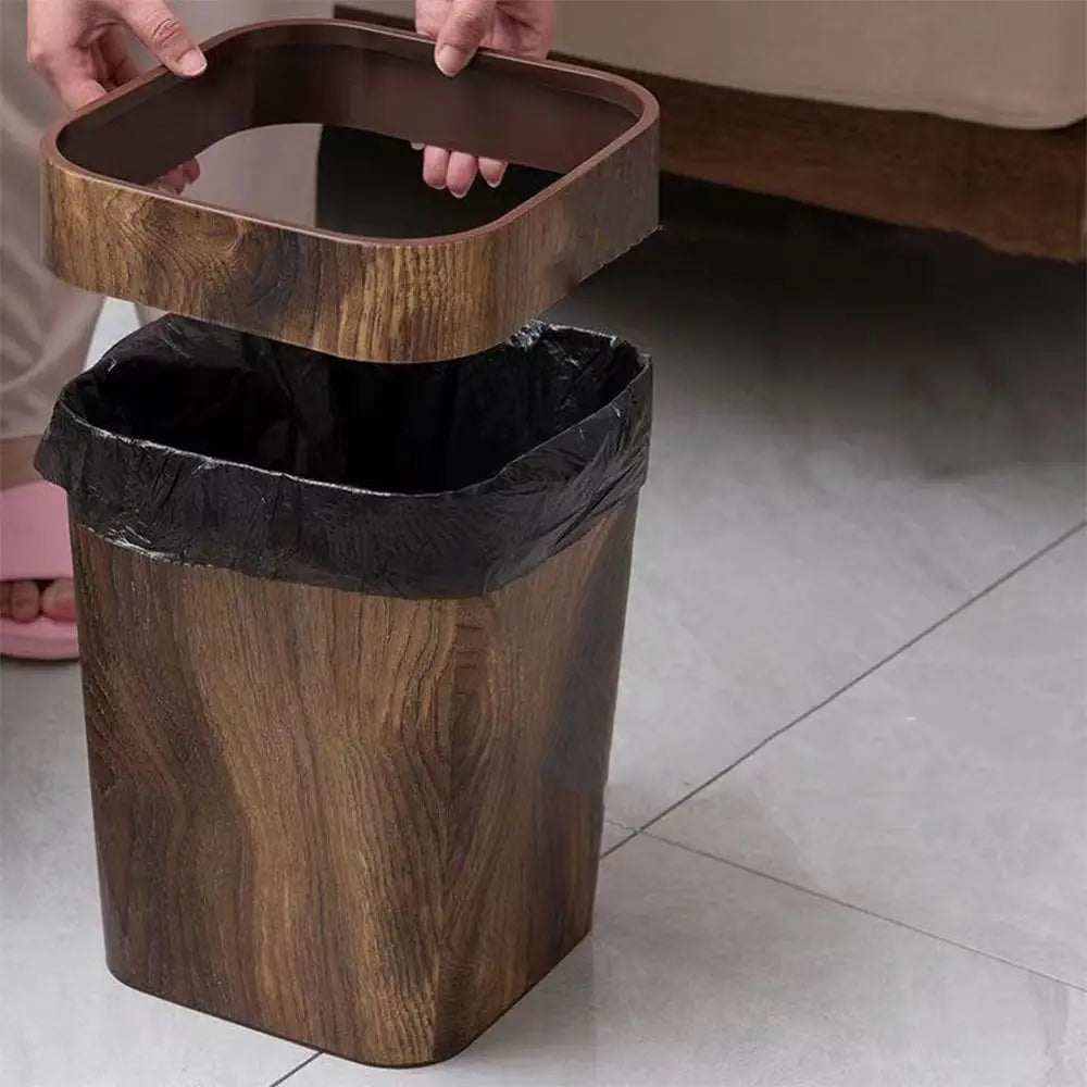 Square Wood Grain Trash Can 12L Plastic Waste Bin for Home, Office & Bathroom