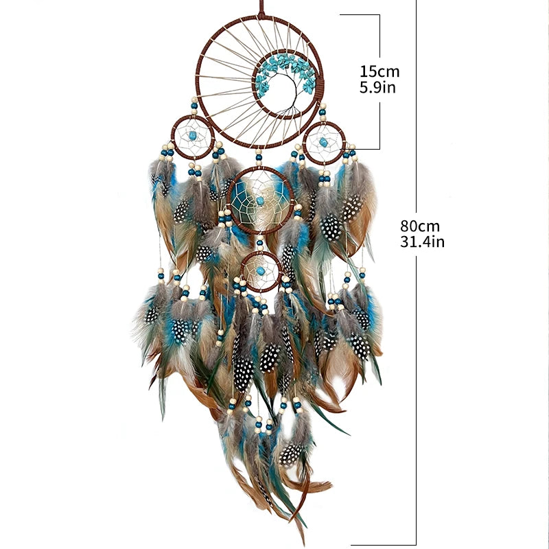 Auspicious Five Rings Dream Catcher Feather Wall Hanging Decor
