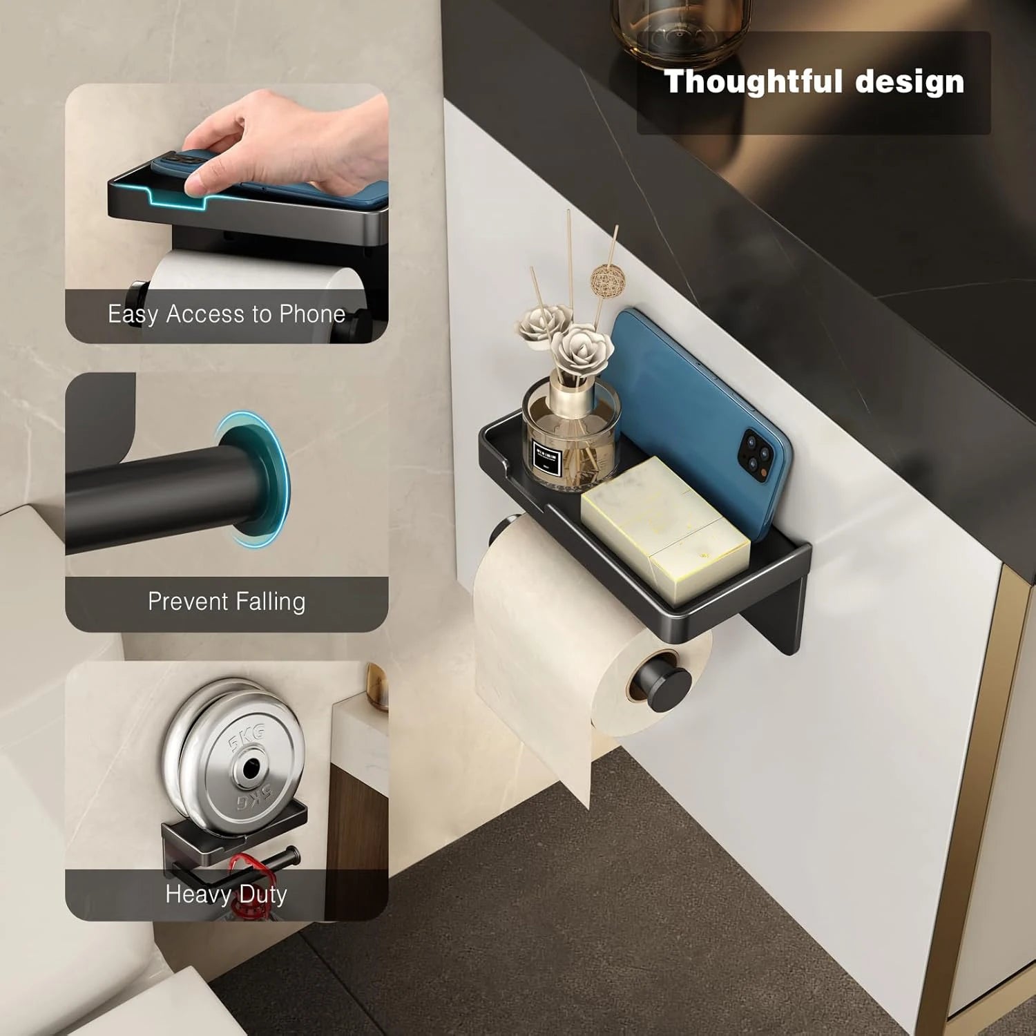 Wall-Mounted Toilet Paper Holder with Mobile Phone Shelf Bathroom & Kitchen Roll Rack
