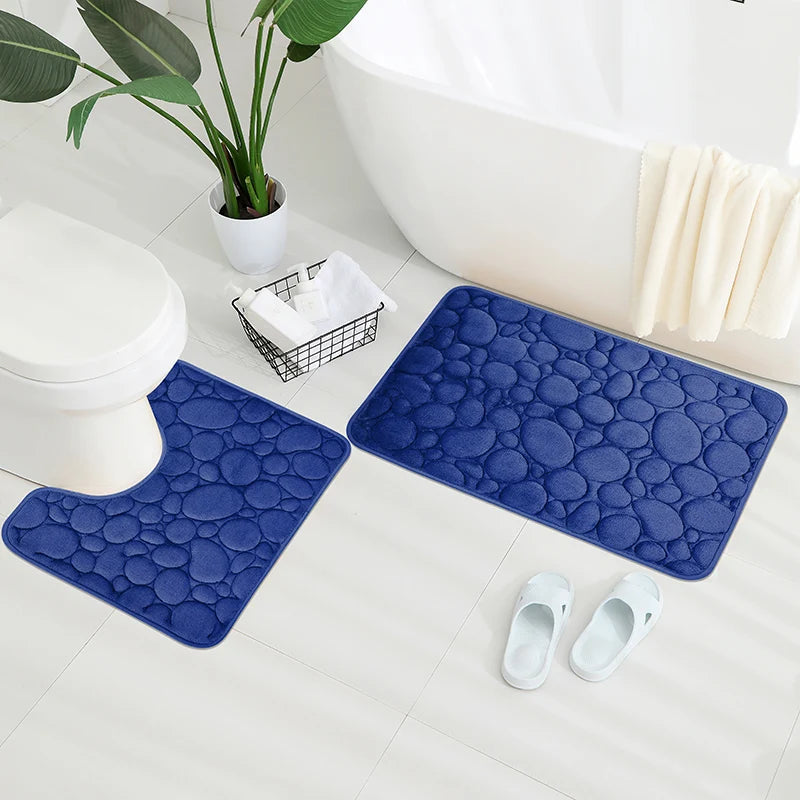 Embroidered Pebble Coral Velvet Bathroom Mat Set U-Shaped Absorbent Foot Rug Two-Piece